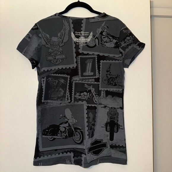Harley Davidson Smokey Mountains Womens Grey Motorcycle Pattern Tee Size Medium - Picture 4 of 11